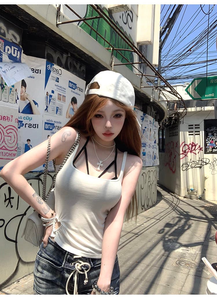 핫걸 순수한 욕망 섹시함 검정색 작은 슬링 여성 여름 디자인 센스 고유 한 스택 착용 투피스 세트 상세 이미지 38