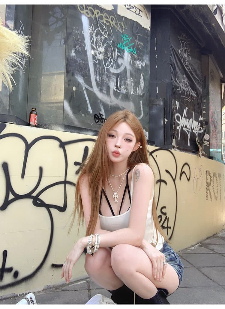 핫걸 순수한 욕망 섹시함 검정색 작은 슬링 여성 여름 디자인 센스 고유 한 스택 착용 투피스 세트 상세 이미지 59