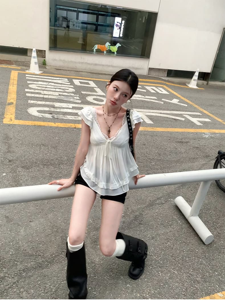 순수한 욕망 바람 V넥 화이트 Feifei 소매 여성 셔츠 여름 디자인 센스 작은 대중 슬림해 보이는 맨위 상세 이미지 1