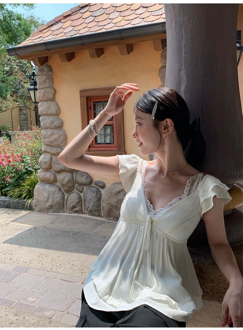 순수한 욕망 바람 V넥 화이트 Feifei 소매 여성 셔츠 여름 디자인 센스 작은 대중 슬림해 보이는 맨위 상세 이미지 45