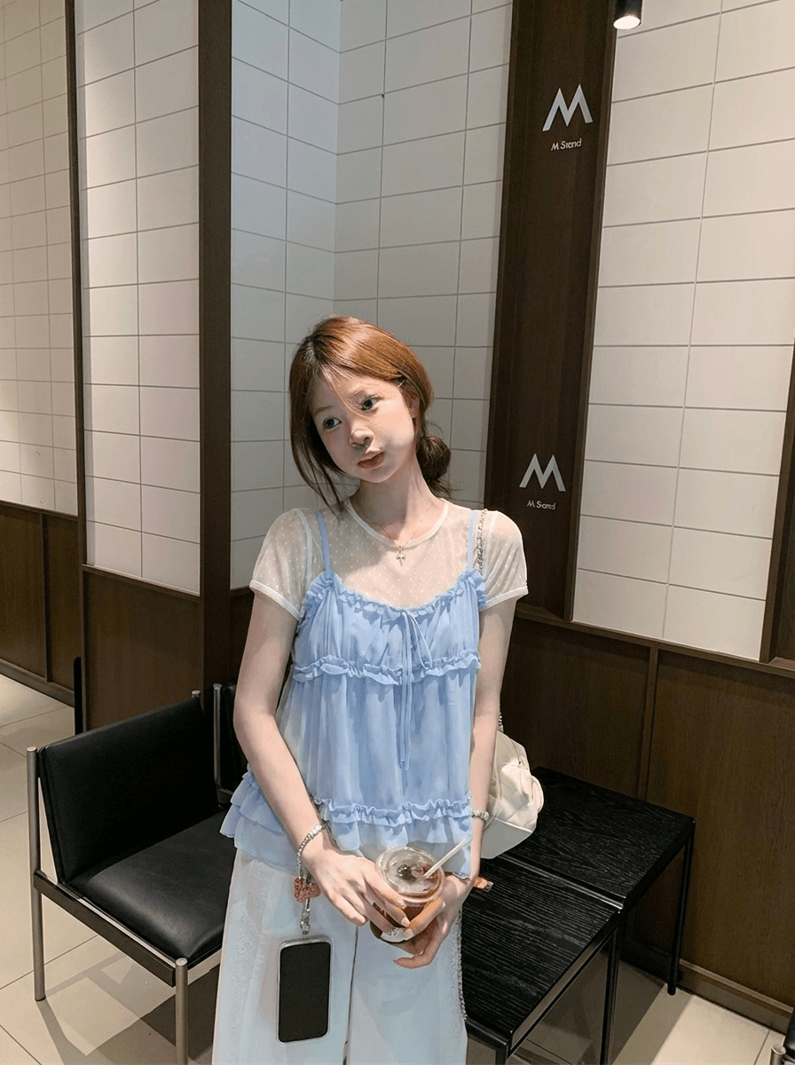 달콤함 세트 여성 레이스 반팔 티셔츠 가을 스택 착용 조끼 슬립 투피스 세트 상세 이미지 6