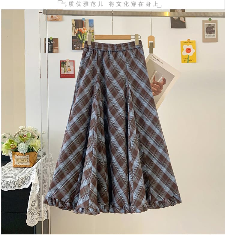 자이언트 잘 생긴 ~ 중 2026 년 체크무늬 밑단 프릴 반신 스커트 여성 봄 허리밴드 도루 센스 롱 코트 A라인 스커트 상세 이미지 10
