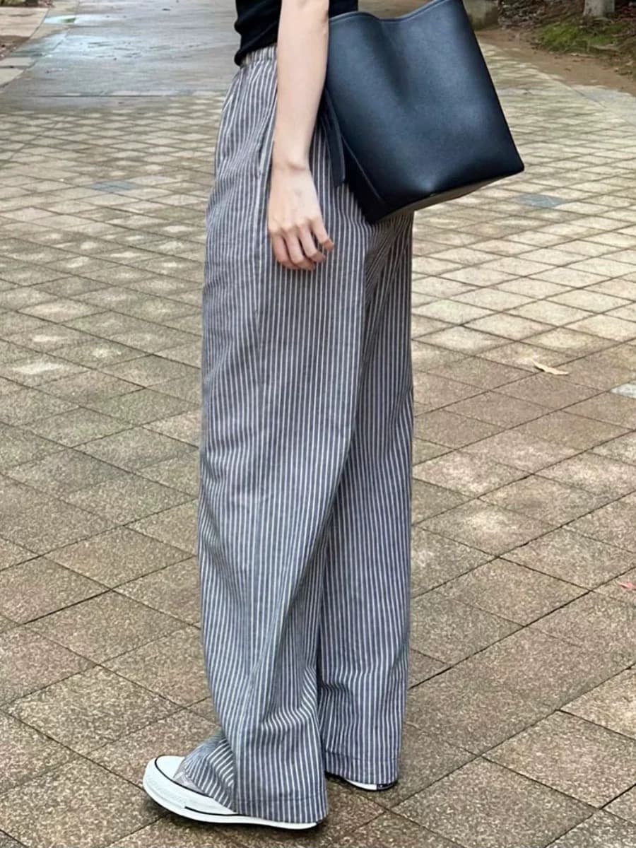 회색 스트라이프 아마 와이드 레깅스 바지 봄 얇은 스타일 일본식 작은 키 면 린넨 바지 루즈핏 운동 캐주얼 바지 이미지 2