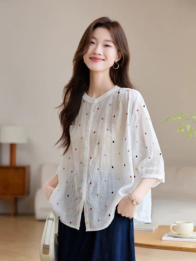 패션 연령 감소 100 라미 자수 맨위 여름 루즈핏 통기성 중간 소매 열기 라운드 넥 면 린넨 아마 작은 셔츠 이미지 3