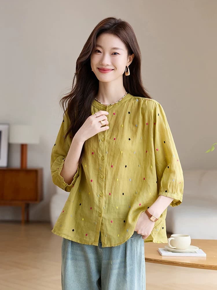 패션 연령 감소 100 라미 자수 맨위 여름 루즈핏 통기성 중간 소매 열기 라운드 넥 면 린넨 아마 작은 셔츠 이미지 2