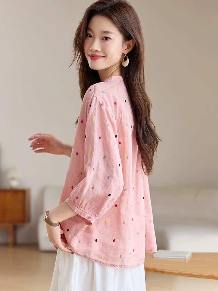 패션 연령 감소 100 라미 자수 맨위 여름 루즈핏 통기성 중간 소매 열기 라운드 넥 면 린넨 아마 작은 셔츠 이미지 4