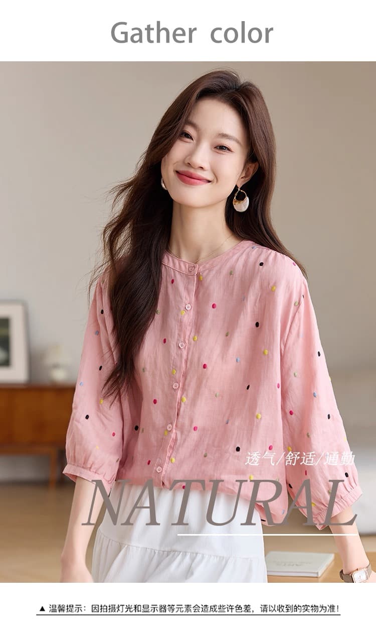 패션 연령 감소 100 라미 자수 맨위 여름 루즈핏 통기성 중간 소매 열기 라운드 넥 면 린넨 아마 작은 셔츠 상세 이미지 1
