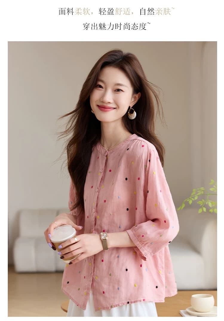 패션 연령 감소 100 라미 자수 맨위 여름 루즈핏 통기성 중간 소매 열기 라운드 넥 면 린넨 아마 작은 셔츠 상세 이미지 4