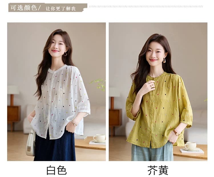 패션 연령 감소 100 라미 자수 맨위 여름 루즈핏 통기성 중간 소매 열기 라운드 넥 면 린넨 아마 작은 셔츠 상세 이미지 7