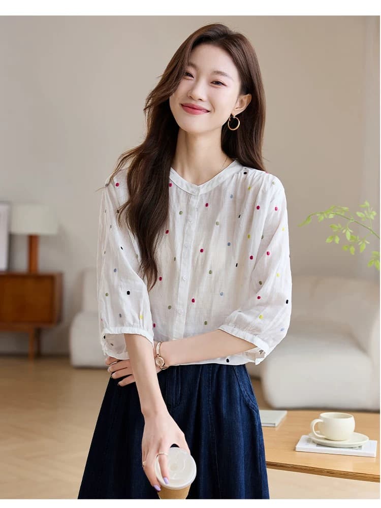 패션 연령 감소 100 라미 자수 맨위 여름 루즈핏 통기성 중간 소매 열기 라운드 넥 면 린넨 아마 작은 셔츠 상세 이미지 10