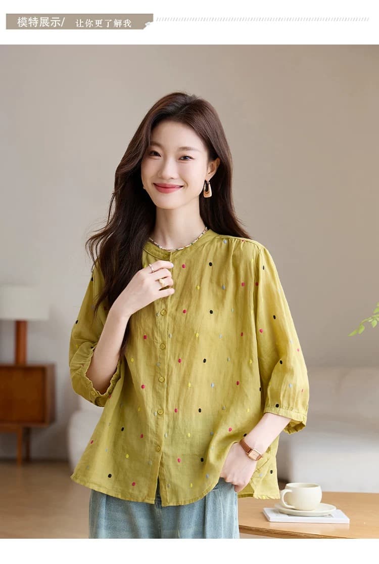 패션 연령 감소 100 라미 자수 맨위 여름 루즈핏 통기성 중간 소매 열기 라운드 넥 면 린넨 아마 작은 셔츠 상세 이미지 11