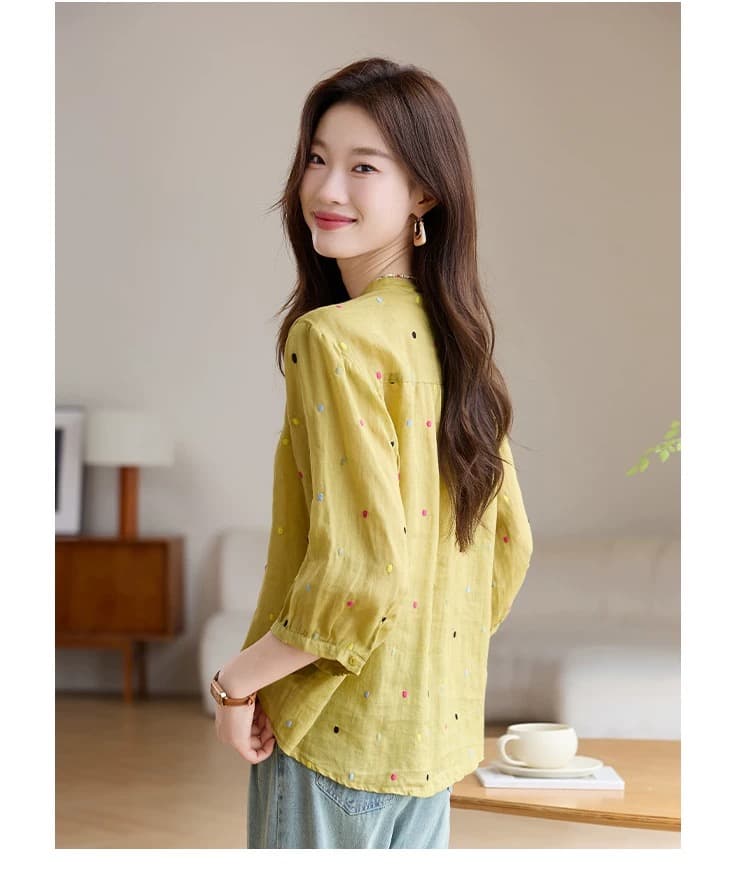 패션 연령 감소 100 라미 자수 맨위 여름 루즈핏 통기성 중간 소매 열기 라운드 넥 면 린넨 아마 작은 셔츠 상세 이미지 12