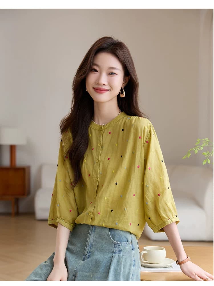 패션 연령 감소 100 라미 자수 맨위 여름 루즈핏 통기성 중간 소매 열기 라운드 넥 면 린넨 아마 작은 셔츠 상세 이미지 13