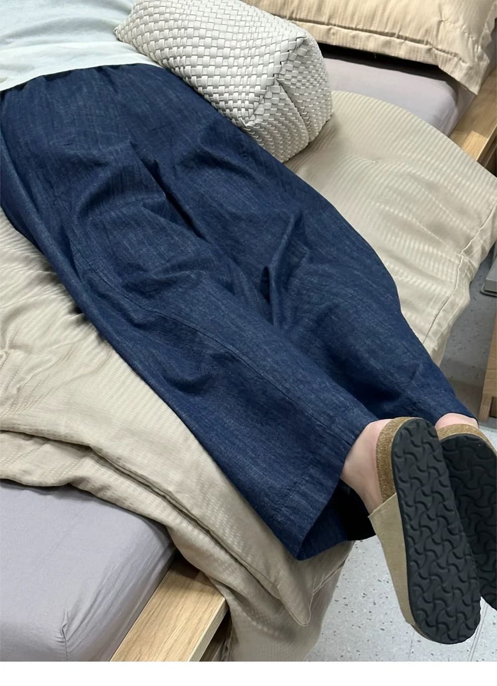 진한 파란색 바지 여자 루즈핏 빅 사이즈 통통한 여동생 mm 슬림해 보이는 와이드 레그 팬츠 작은 키 9 포인트 얼음 실크 청바지 상세 이미지 1