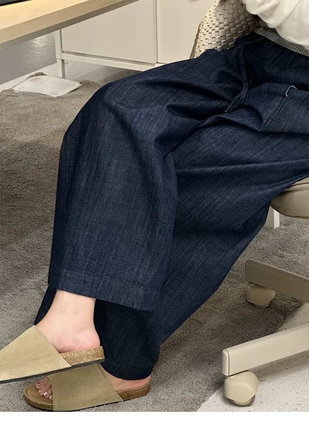 진한 파란색 바지 여자 루즈핏 빅 사이즈 통통한 여동생 mm 슬림해 보이는 와이드 레그 팬츠 작은 키 9 포인트 얼음 실크 청바지 상세 이미지 2