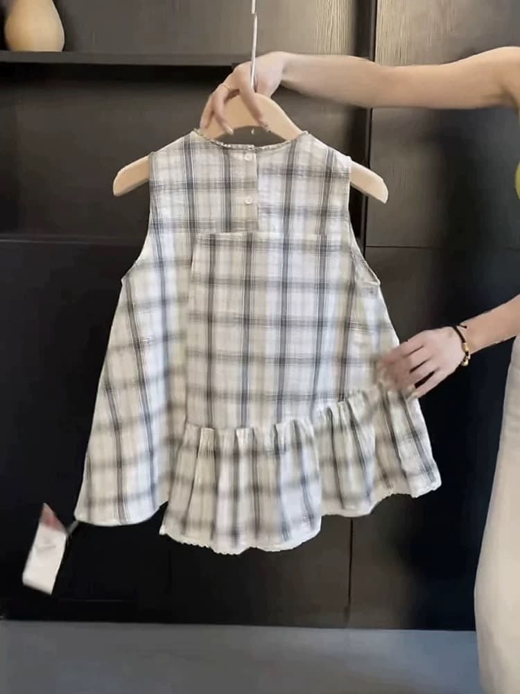 광저우 열세 개 높음 물품 폭발 불규칙 프릴 레이스 옆으로 눕다. 진자 체크무늬 민소매 여성 셔츠 여름 상세 이미지 2