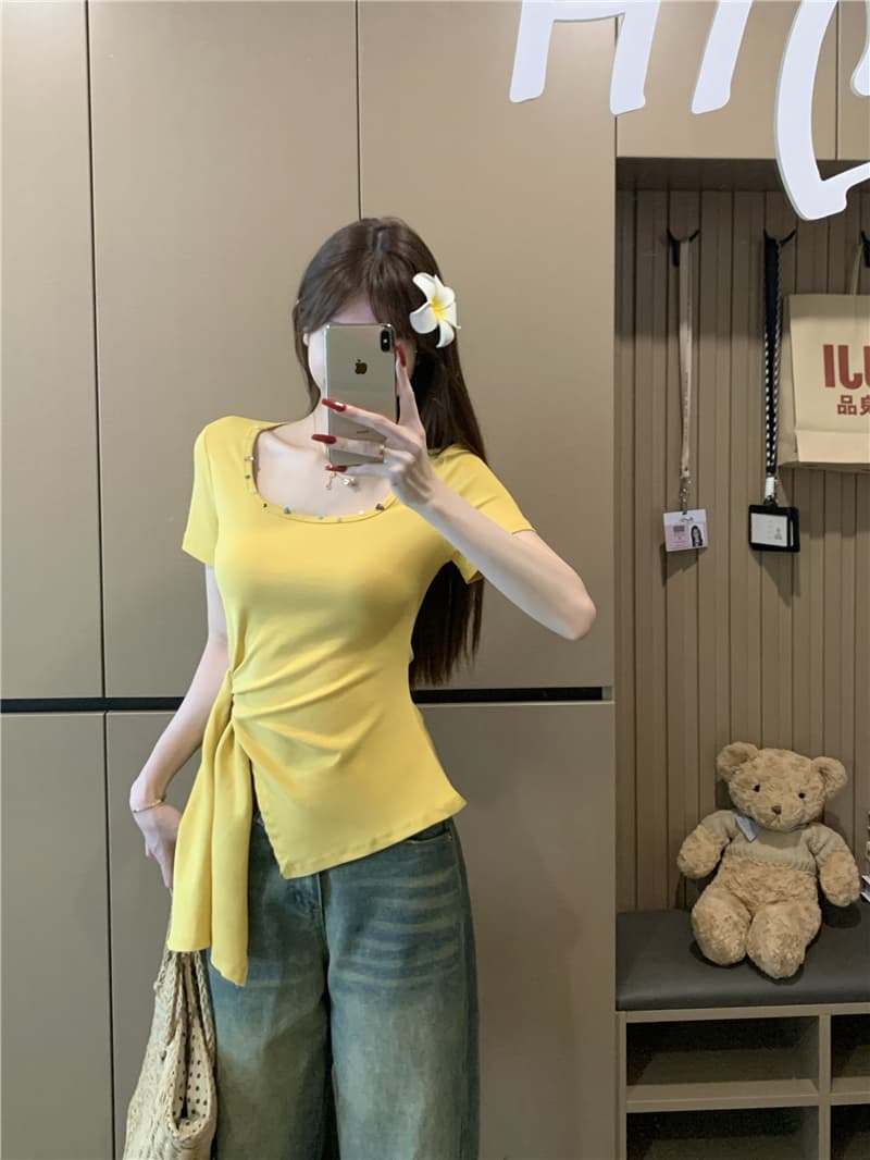 실사 정가 밝은 만지기 여름 Chic 작은 색상 돌 디자인 센스 스트랩 슬림해 보이는 작은 셔츠 광장 칼라 티셔츠 상세 이미지 2