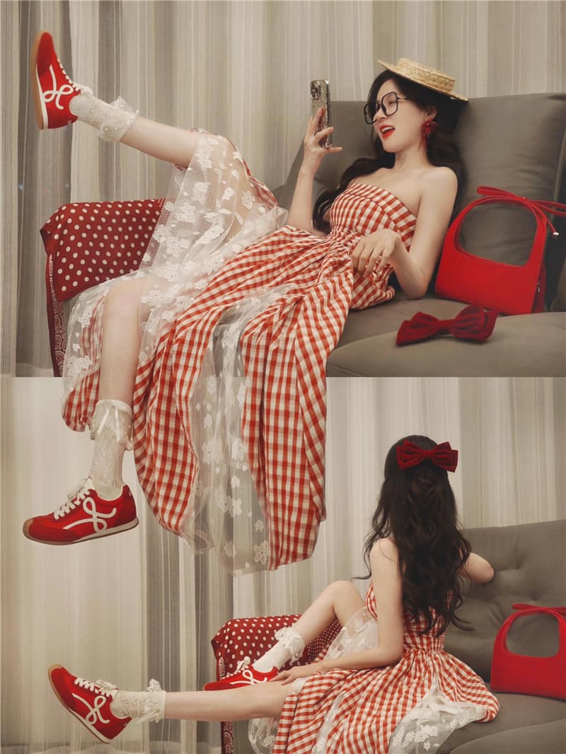 디자인 센스 휴가 빨간색과 흰색 체크무늬 철자 레이스 무거운 작업 달콤함 디자인 센스 슬립 드레스
