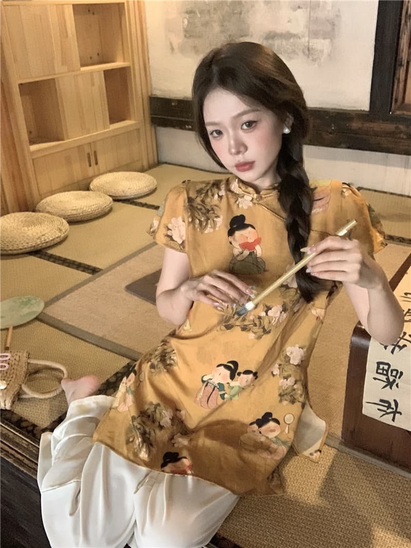 실사 정가 새로운 중식 국풍 스탠드 칼라 프린트 세트 가을 레트로 단추 품격 와이드 레그 팬츠 투피스 세트 이미지 4