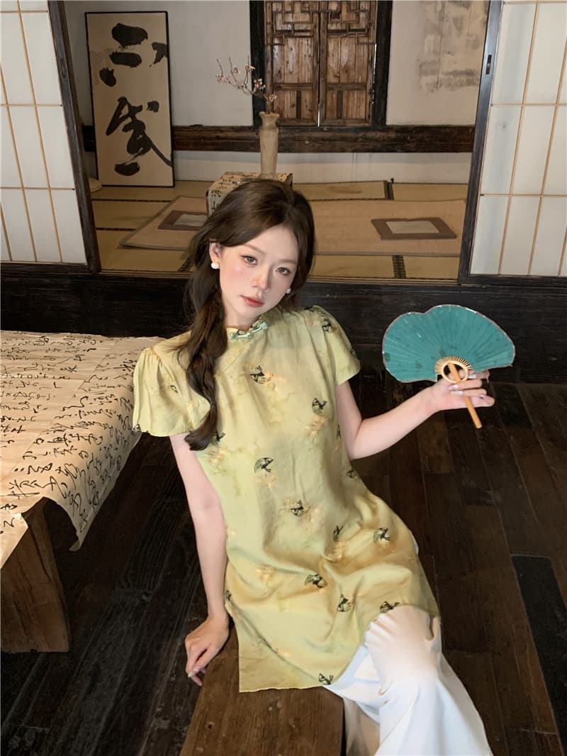 실사 정가 새로운 중식 국풍 스탠드 칼라 프린트 세트 가을 레트로 단추 품격 와이드 레그 팬츠 투피스 세트 상세 이미지 3