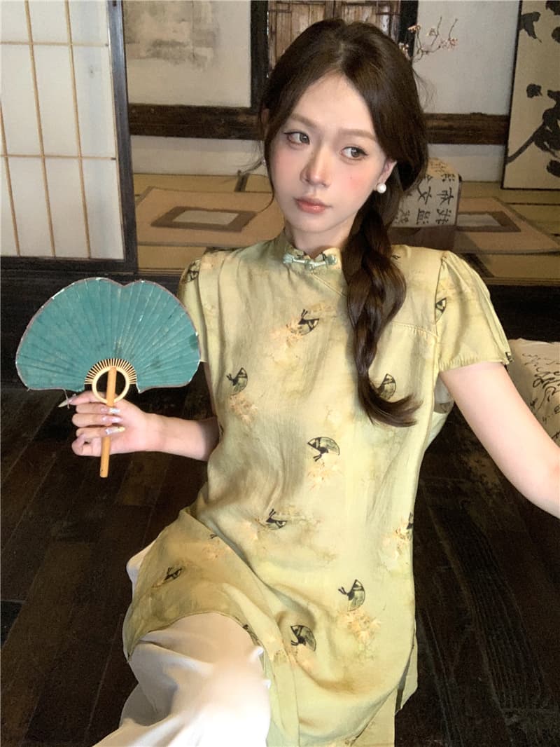 실사 정가 새로운 중식 국풍 스탠드 칼라 프린트 세트 가을 레트로 단추 품격 와이드 레그 팬츠 투피스 세트 상세 이미지 5