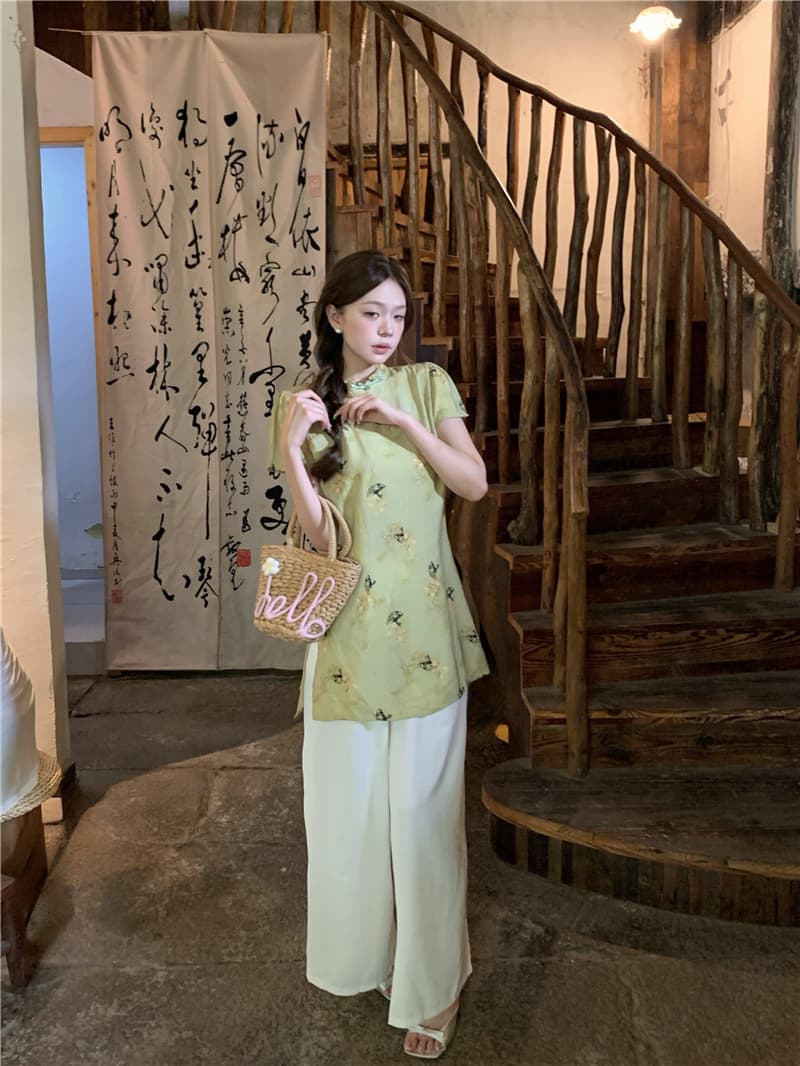 실사 정가 새로운 중식 국풍 스탠드 칼라 프린트 세트 가을 레트로 단추 품격 와이드 레그 팬츠 투피스 세트 상세 이미지 6