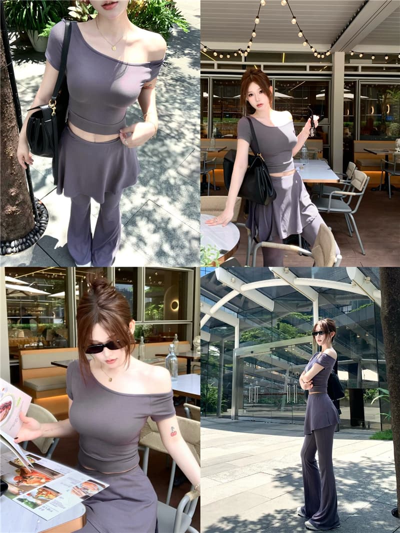 실사 정가 비스듬한 어깨 반팔 티셔츠 슬림해 보이는 맨위 캐주얼 부츠컷 넓은 다리 길이 바지 치마 커튼 3종 세트 상세 이미지 9