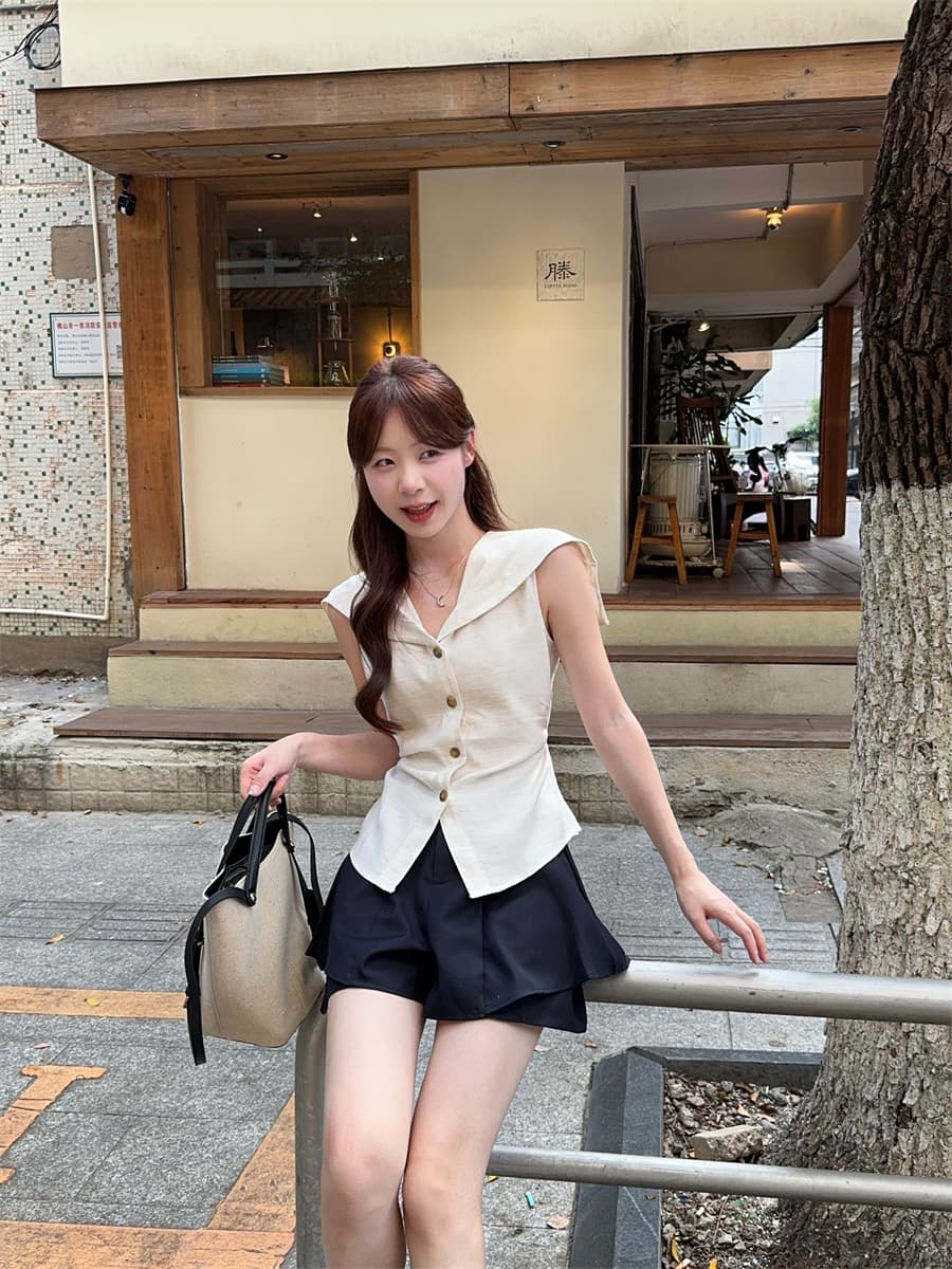 레트로 품격 다용도 오래된 돈 바람 해군 칼라 셔츠 민소매 맨위 플리츠 치마바지 세트 여성 투피스 세트