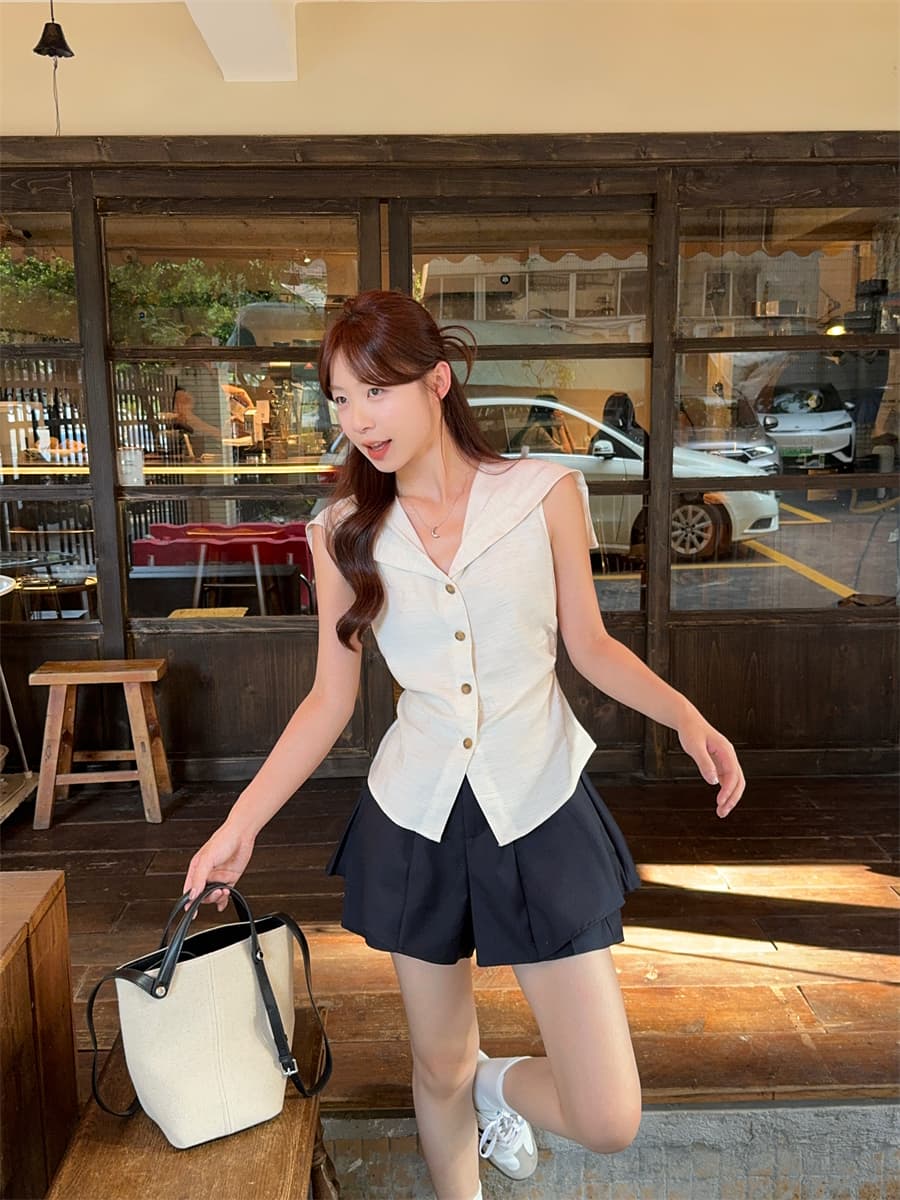 레트로 품격 다용도 오래된 돈 바람 해군 칼라 셔츠 민소매 맨위 플리츠 치마바지 세트 여성 투피스 세트 상세 이미지 11