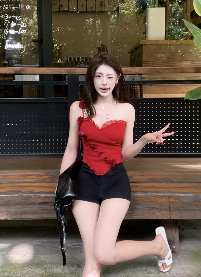 실사 정가 개인 소유 rose 무거운 작업 레이스 허리 수축 튜브탑 맨위 여성 캐미솔 가을 벨트 가슴 패드 이미지 2