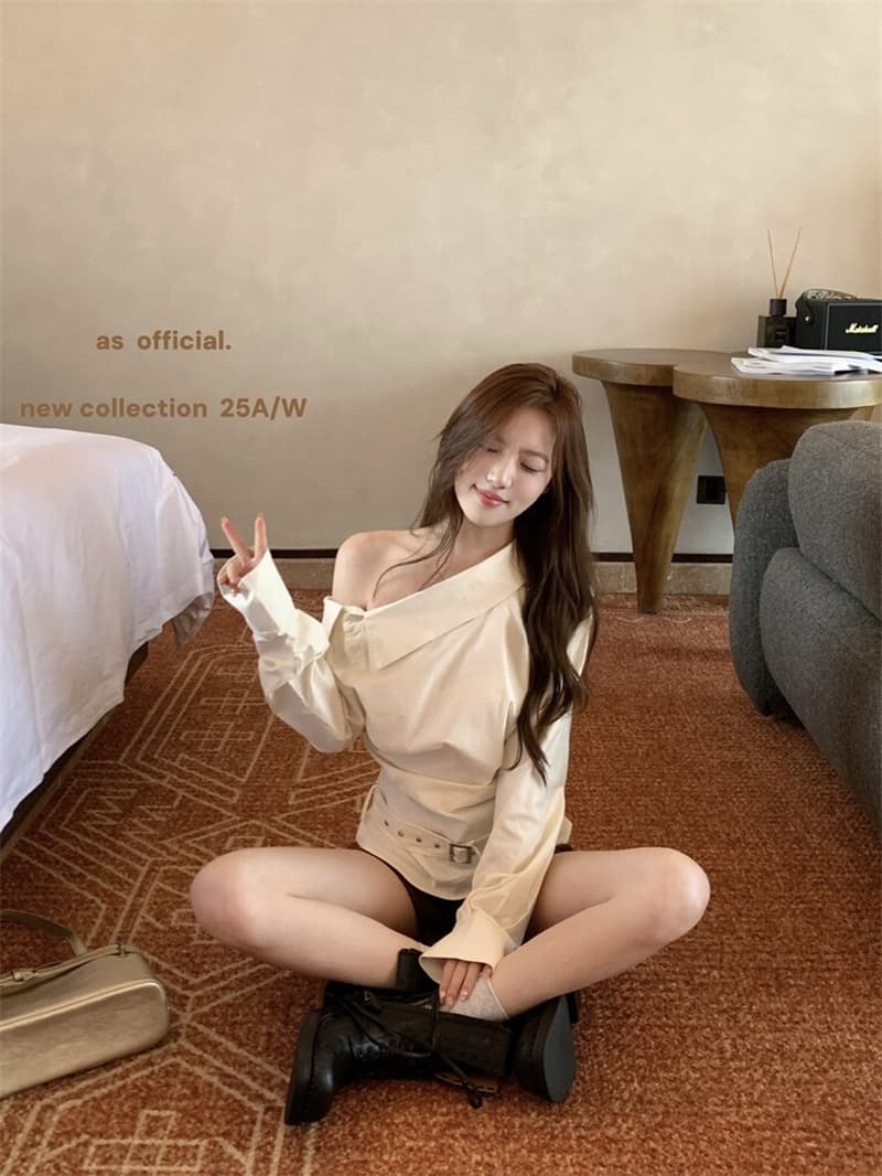 고대 조기 아름다운 소녀 as official 调性 dna 비스듬한 문 襟 꼬집기 허리 디자인 오프숄더 셔츠 상세 이미지 6