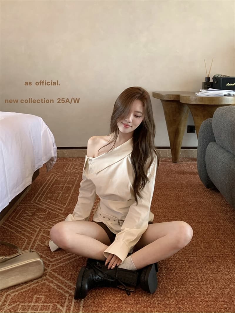 고대 조기 아름다운 소녀 as official 调性 dna 비스듬한 문 襟 꼬집기 허리 디자인 오프숄더 셔츠 상세 이미지 7