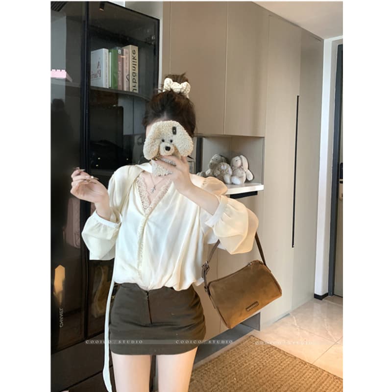 실사 정가 비싼 럭셔리 여성 주님 V넥 꽃밭 쉬폰 리본 셔츠 작은 셔츠 움직일 수 없다 눈 위로 긴팔 셔츠 이미지 5