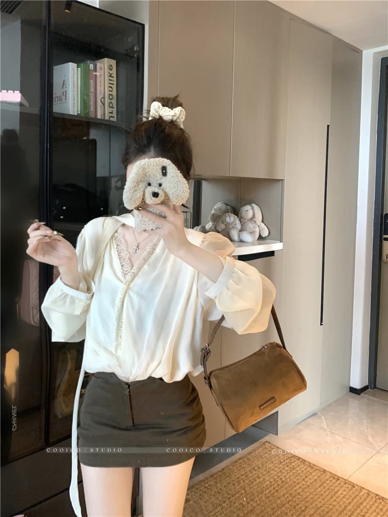 실사 정가 비싼 럭셔리 여성 주님 V넥 꽃밭 쉬폰 리본 셔츠 작은 셔츠 움직일 수 없다 눈 위로 긴팔 셔츠 상세 이미지 5