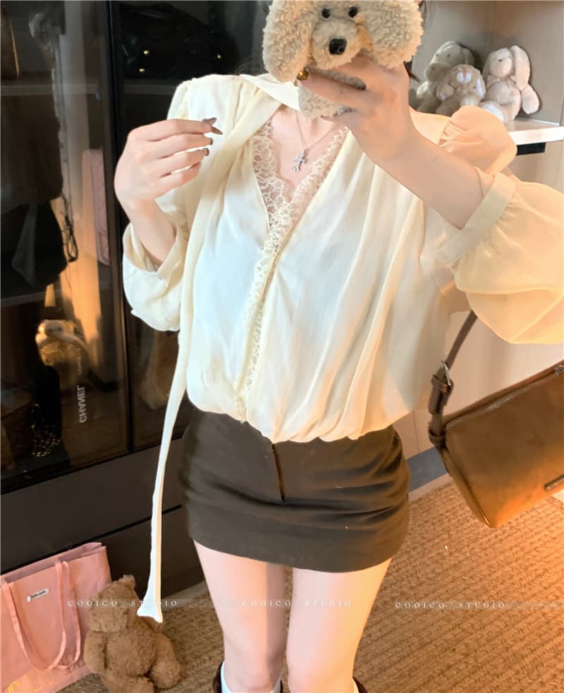 실사 정가 비싼 럭셔리 여성 주님 V넥 꽃밭 쉬폰 리본 셔츠 작은 셔츠 움직일 수 없다 눈 위로 긴팔 셔츠 상세 이미지 7