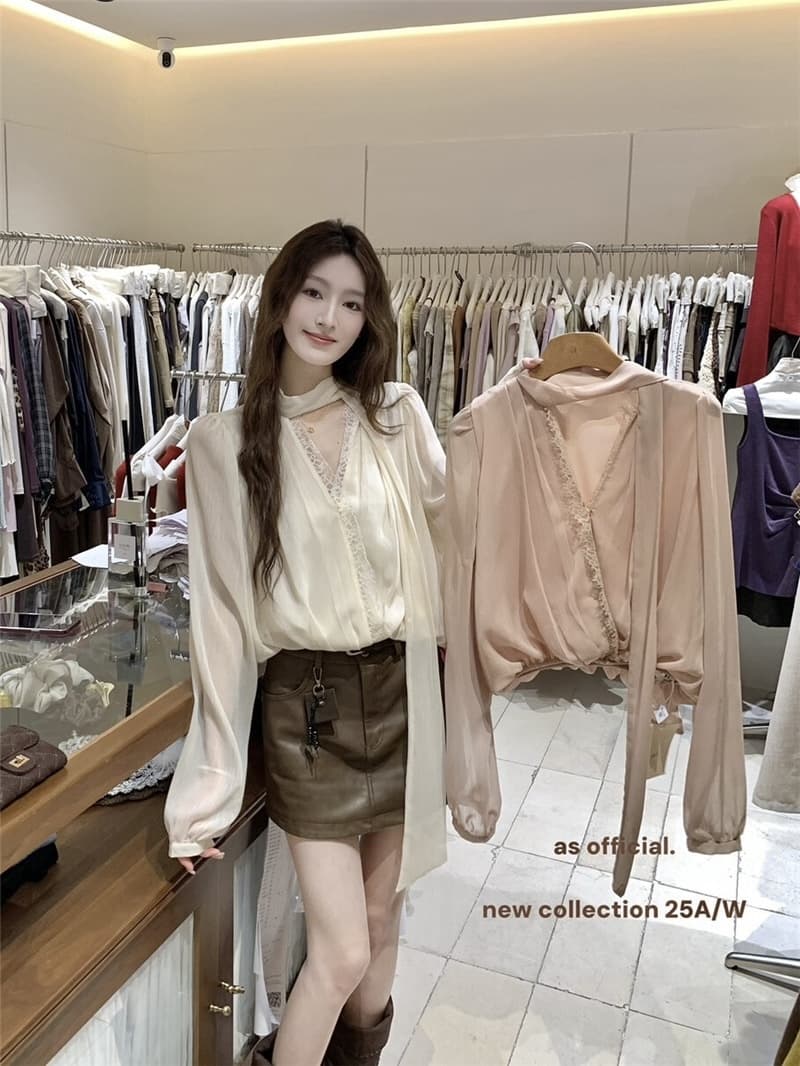 실사 정가 비싼 럭셔리 여성 주님 V넥 꽃밭 쉬폰 리본 셔츠 작은 셔츠 움직일 수 없다 눈 위로 긴팔 셔츠 상세 이미지 8