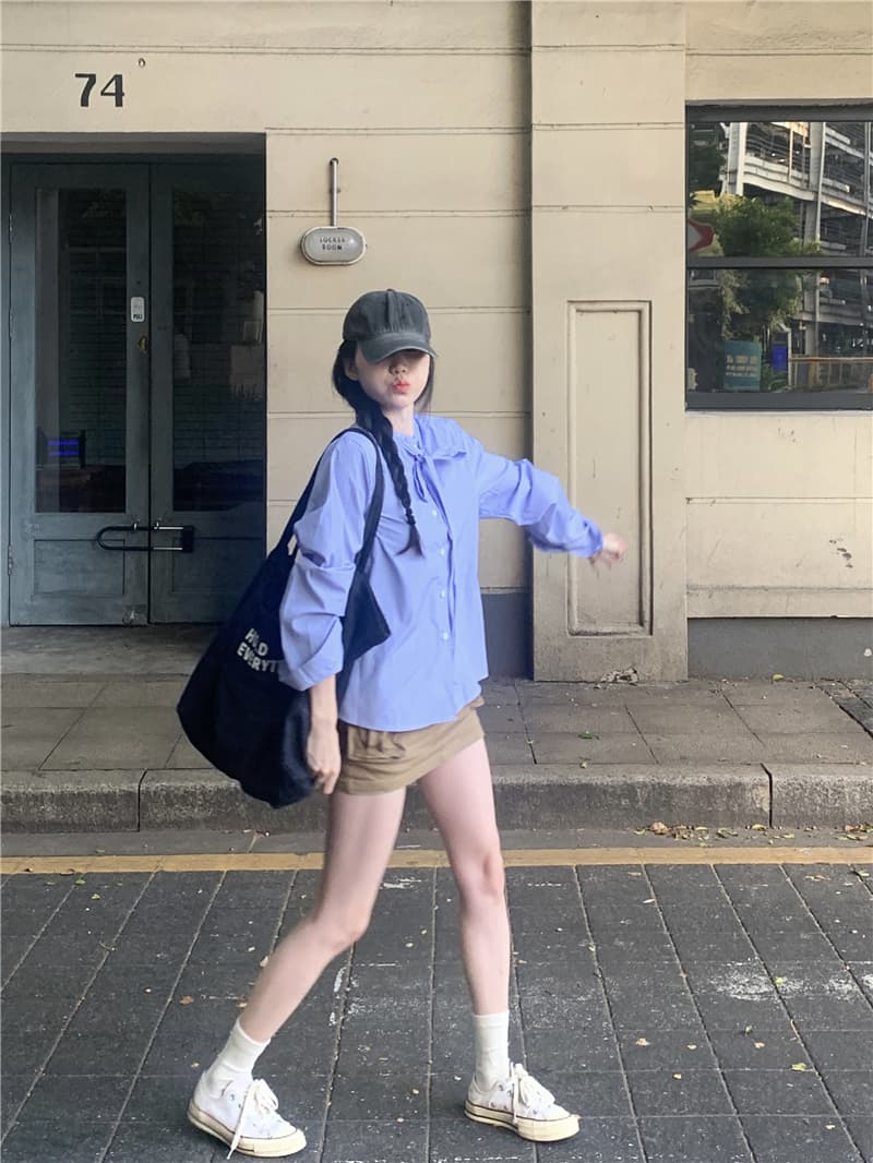 실사 정가 한국 스타일 파란색 나비 매듭 스트랩 스트라이프 셔츠 다용도 루즈핏 맨위 상세 이미지 6