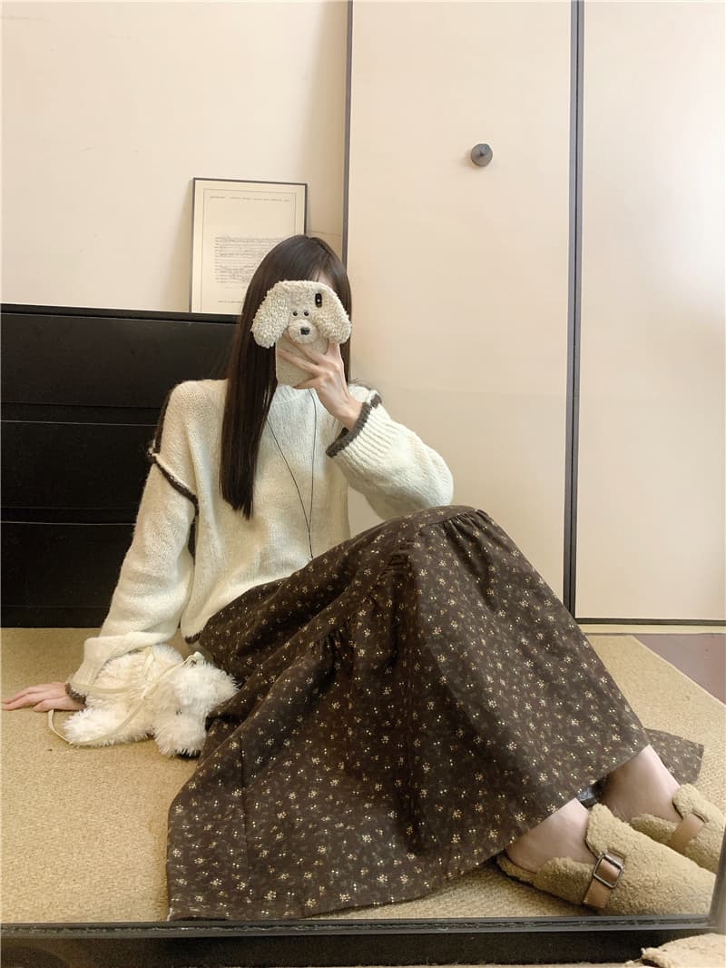 실사 정가 한 부서 레트로 꽃무늬 반신 스커트 다용도 허리밴드 연삭 털 중간 길이 스커트 한 마디 큰 진자 우산 치마 상세 이미지 12