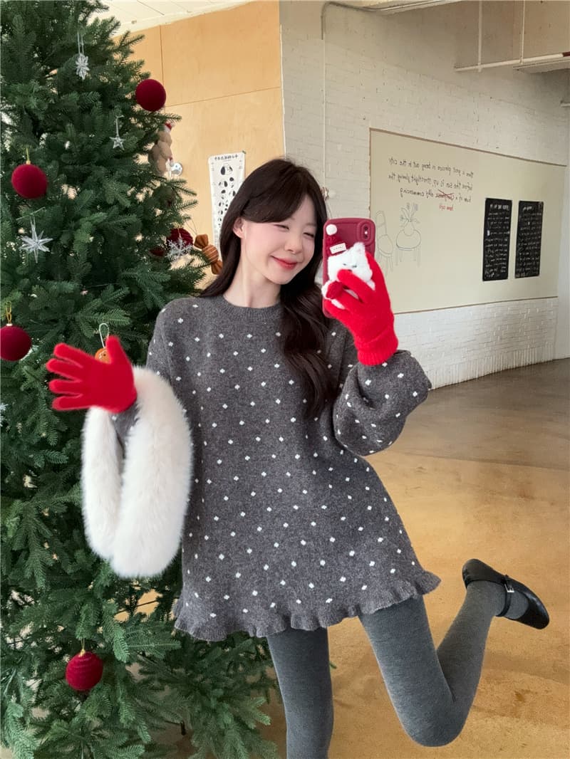 실사 정가 달콤한 스타일 도트 무늬 프릴 스웨터 원피스 두꺼운 만나는 스타킹 목도리 장갑 상세 이미지 3