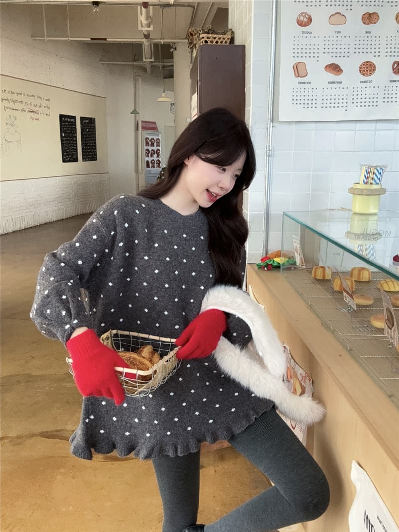 실사 정가 달콤한 스타일 도트 무늬 프릴 스웨터 원피스 두꺼운 만나는 스타킹 목도리 장갑 상세 이미지 5