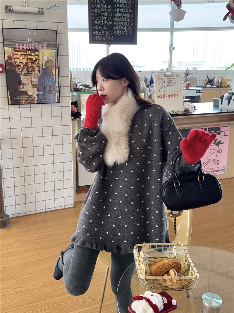실사 정가 달콤한 스타일 도트 무늬 프릴 스웨터 원피스 두꺼운 만나는 스타킹 목도리 장갑 상세 이미지 6