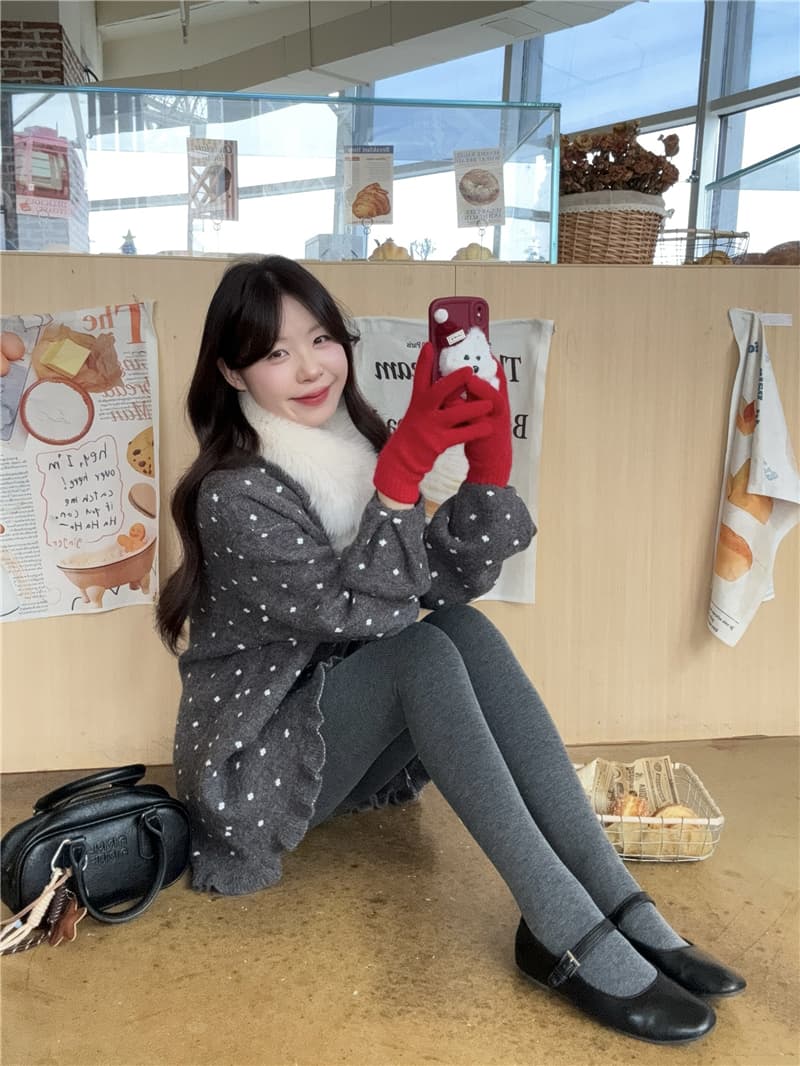 실사 정가 달콤한 스타일 도트 무늬 프릴 스웨터 원피스 두꺼운 만나는 스타킹 목도리 장갑 상세 이미지 8