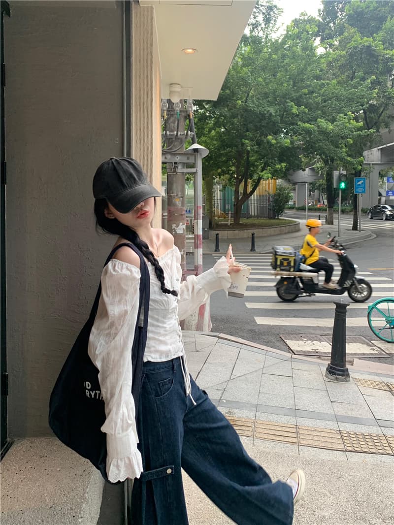 화이트 셔츠 레이스업 슈퍼 화재 프랑스식 맨위 디자인 작은 대중 쇼트 스타일 오프숄더 긴팔 셔츠 상세 이미지 6