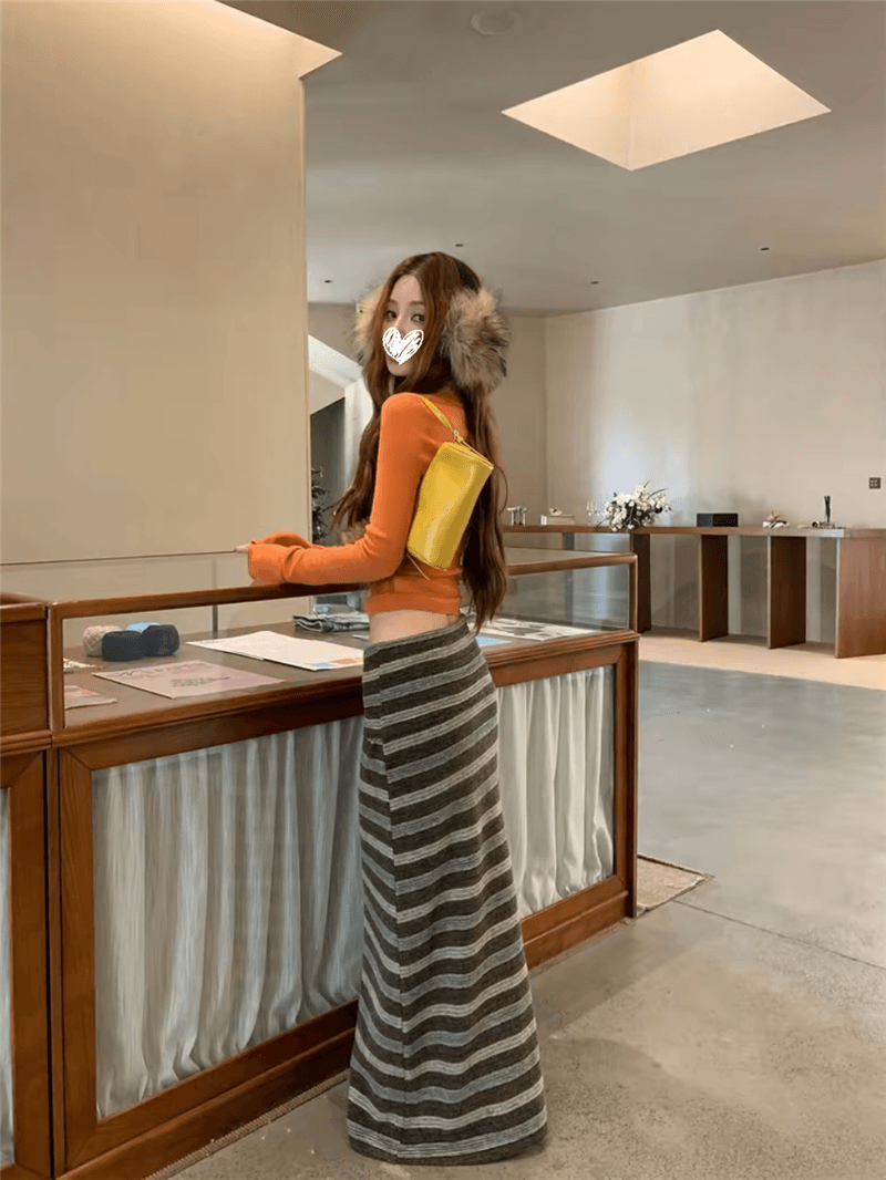 달콤한 매운맛 레이스 u 칼라 긴팔 티셔츠 여성 주황색 기본 셔츠 제직 곡물 무작위의 고급 스트라이프 반신 스커트 투피스 세트 이미지 2