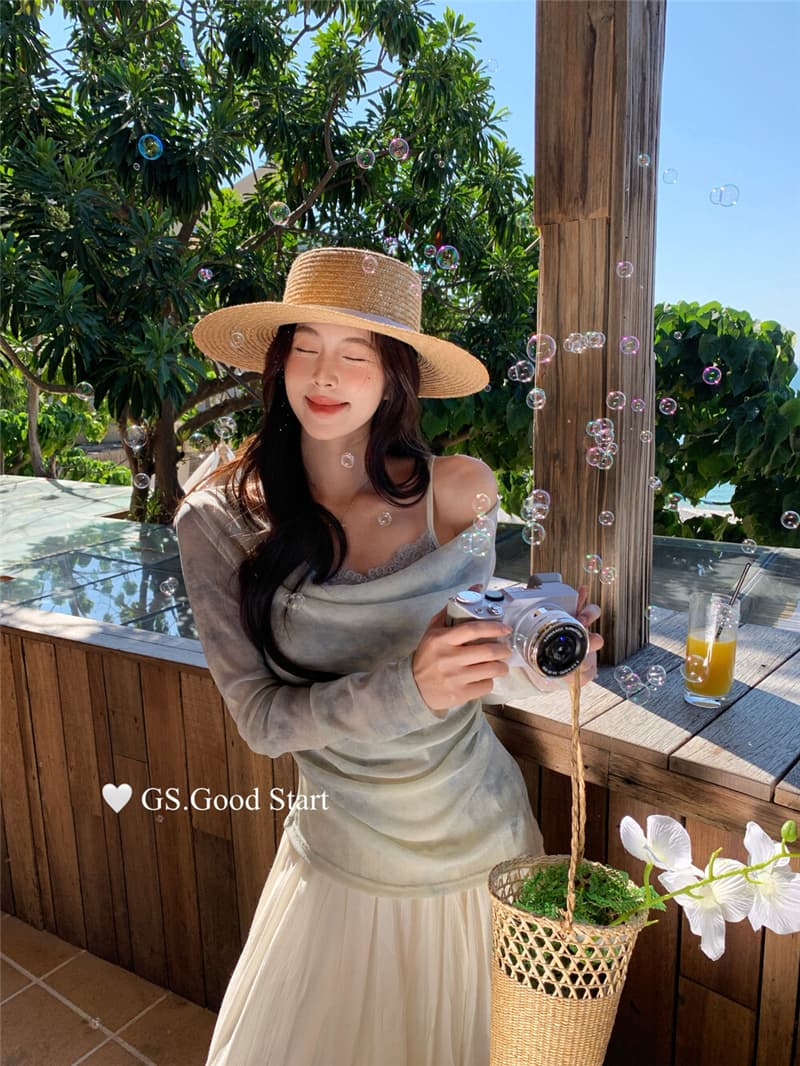가을의 날 팔레트 이른 가을 맞춤 홀치기 염색 색상 프랑스식 품격 느긋한 바람 흔들다 칼라 페이크 레이어드 긴팔 작은 셔츠 상세 이미지 1