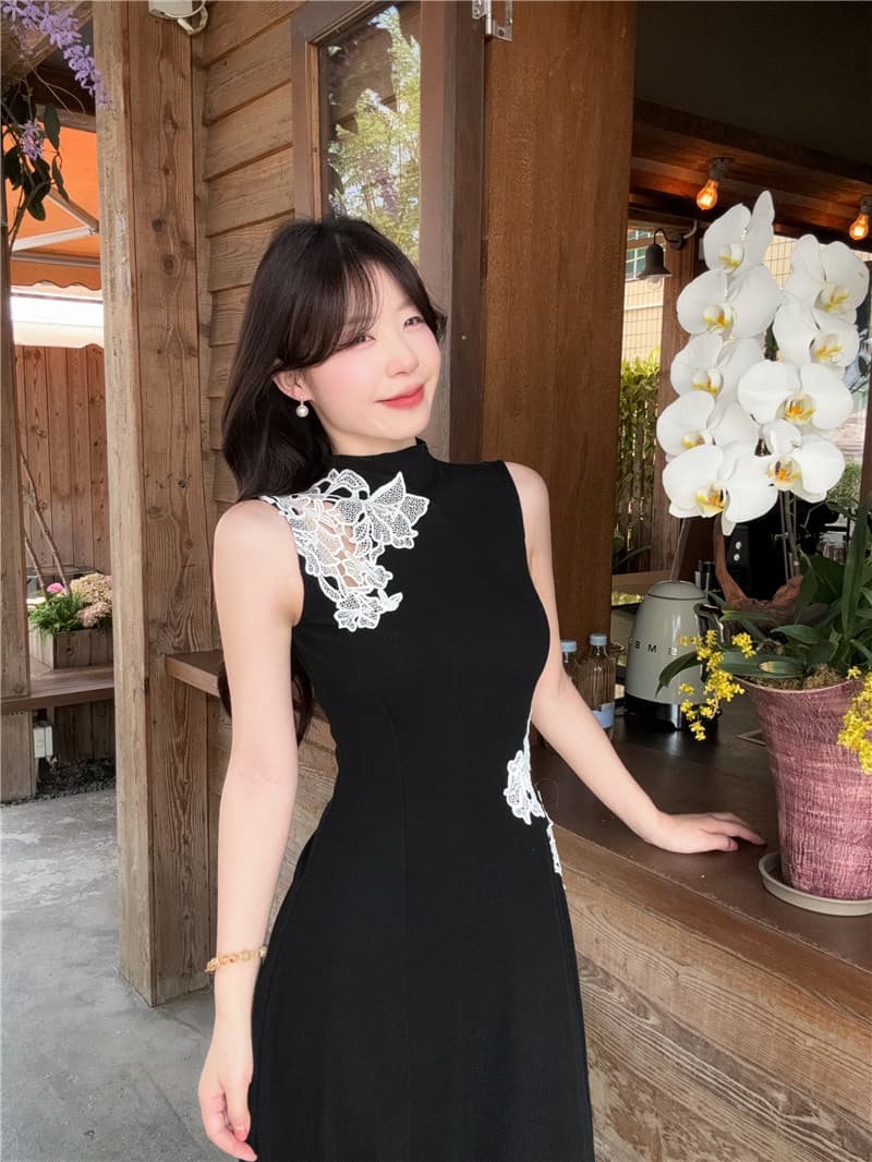 실사 정가 잉크 켜기 서리 꽃 프랑스식 품격 슬림해 보이는 분위기 센스 홀로우 아웃 꽃 패치워크 새로운 중식 드레스 이미지 2