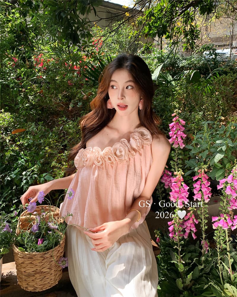 장미 연인 인터넷 색상 에디션 봄 여름 낭만주의 프랑스식 순수한 욕망 3 차원 꽃 비스듬한 어깨 꽃밭 작은 셔츠 상세 이미지 2