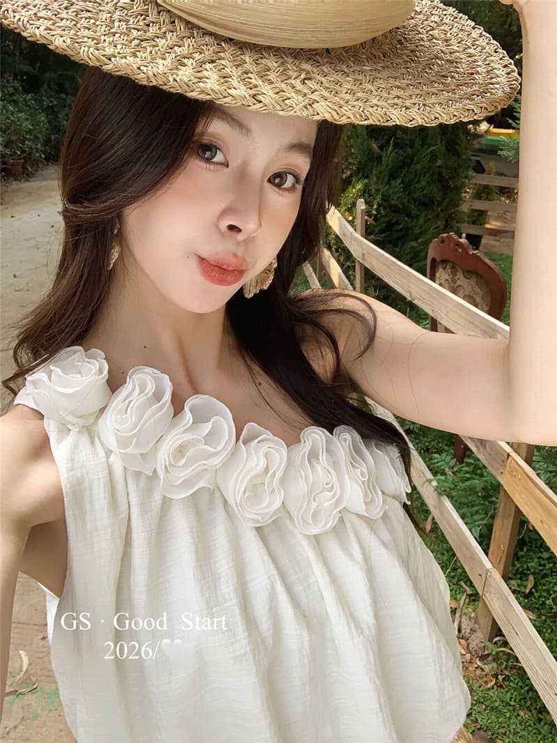장미 연인 인터넷 색상 에디션 봄 여름 낭만주의 프랑스식 순수한 욕망 3 차원 꽃 비스듬한 어깨 꽃밭 작은 셔츠 상세 이미지 10