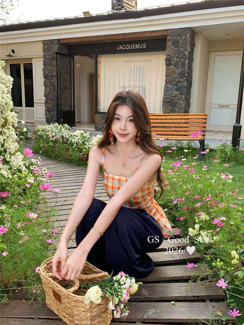 밝은 소녀 군중 속에서 독점적 인 c 조금 디스플레이 화이트 햇빛 주황색 여름 달콤함 배색 체크무늬 허리 수축 슬립 작은 셔츠 상세 이미지 3