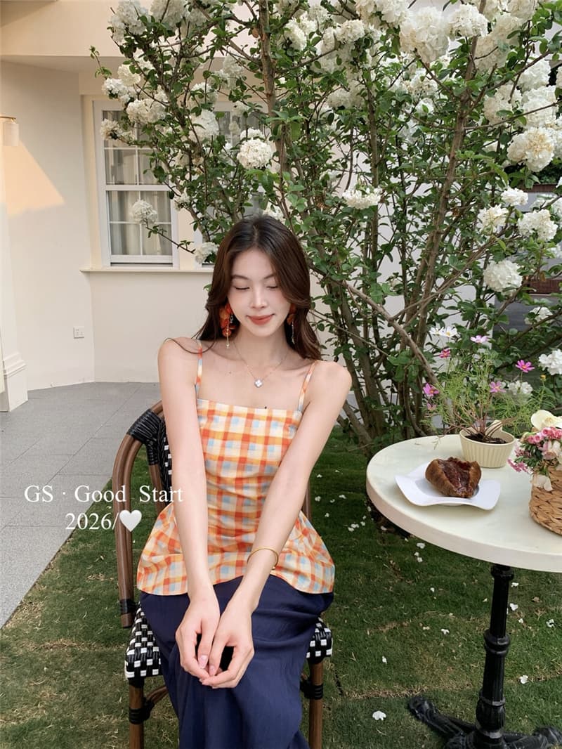 밝은 소녀 군중 속에서 독점적 인 c 조금 디스플레이 화이트 햇빛 주황색 여름 달콤함 배색 체크무늬 허리 수축 슬립 작은 셔츠 상세 이미지 6
